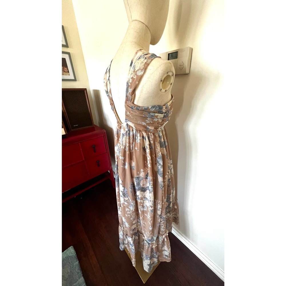 PURPOSE + PASSION Boutique Beige Floral Bandeau Halter Ruffled Maxi Dress Sz S - Picture 7 of 15